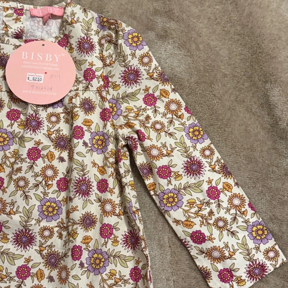 Bisby Kids Girls Floral Drop Waist Dress Long Sleeve Cotton Purple Pink Size 4